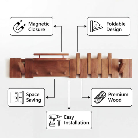 Dope Mid Century Modern Walnut Foldable Entryway Wall Coat Rack With Shelf And 9 Hooks Heavy Duty Wooden Wall Organizer features