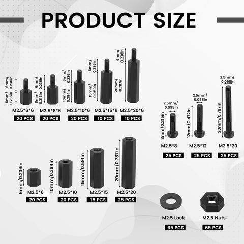Massive 365 Piece M2.5 Nylon Hex Spacer Standoff Kit With Male And Female Studs Washers Screws And Nuts For PCBs Motherboards Circuits Electrical Switches And Receptacles, size chart