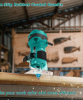 Green compact palm wood router kit with 32000 RPM no load speed, featuring non-slip handle and workbench background.