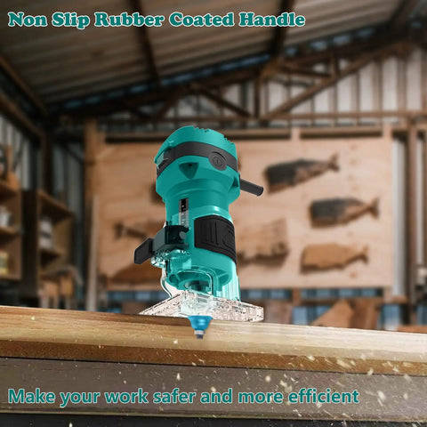 Green compact palm wood router kit with 32000 RPM no load speed, featuring non-slip handle and workbench background.