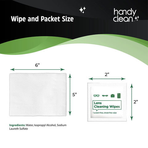 Front view of HandyClean pre-moistened lens cleaning wipes; large 6 by 5 in wipe and 2 by 2 in individual packet