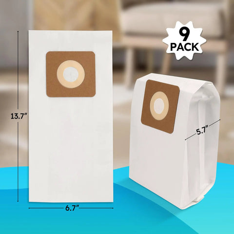 Nine Pack Style 7 Vacuum Bags For Bissell PowerForce Uprights; showing dimensions of bags with high filtration and easy fit.