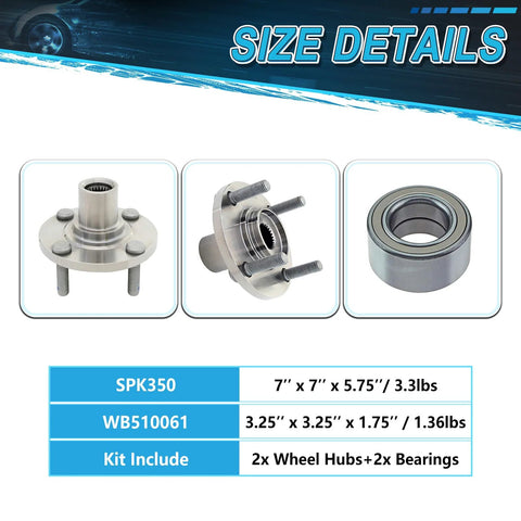Size details of Ready to Roll Wheel Hub Assembly and Bearing Kit for Mitsubishi Mirage and Lancer, includes two hubs and bearings.
