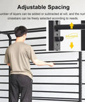 Top Shelf Adjustable Rolling Fabric Display Rack With Wheels And Multiple Rod Storage Heavy Duty Mobile Clothing And Vinyl Film Holders For Garage Workbench Setup Maximize Your Space Straight Up with adjustable layers in use.