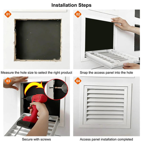 Installation steps for Straight Up Top Shelf Aluminum Louvered Access Panel With Heavy Duty Pre Filter Decorative Air Vent Cover.