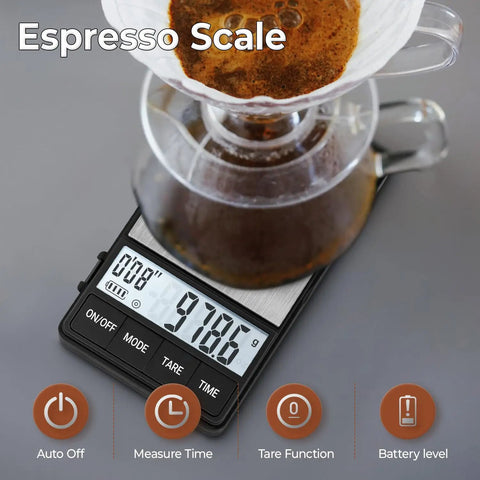 Digital Coffee Scale With Timer For Espresso, 1000g By 0.1g Precision, Mini Barista Grade Scale showing weight and timer.