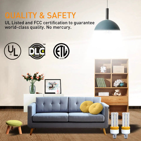 2 Pack 60W LED Corn Light Bulbs 7500 Lumen E26 Cool Daylight White on a living room display; certifications visible