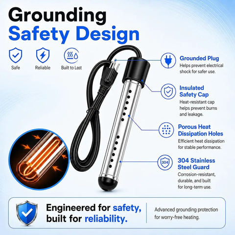Top Shelf 2000W Submersible Tank Water Heater Featuring Sharp Digital Temperature Monitoring For Hassle Free Everyday Use And Lightning Fast Warm Water Delivery with grounded plug and insulated safety cap.