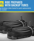 Self Sealing 700C Inner Tube With Butyl Rubber For MTB Riders Easy Install Puncture Resistant Low Rolling Resistance Durable Tube For 35 Or 43C Tire Widths, image of two Goodyear inner tubes labeled 700x35/43c with valves.