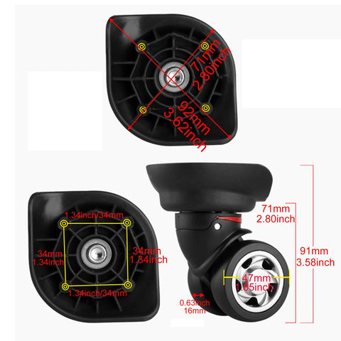 4 Pieces Universal Swivel Left Suitcase Wheel Replacement Black 360 Degree Wheel For Luggage 115W Series W055 Quiet