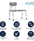 Adjustable Bath And Shower Transfer Bench With Back And Side Arm Rests, 300 Lb Capacity, Gray Safety Seat, front view with features.