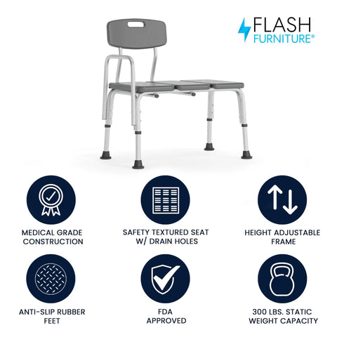 Adjustable Bath And Shower Transfer Bench With Back And Side Arm Rests, 300 Lb Capacity, Gray Safety Seat, front view with features.