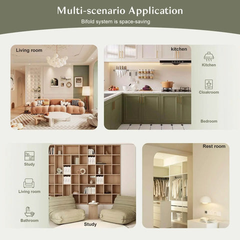Various room setups showing bifold door applications in living room, kitchen, study, and rest room settings.