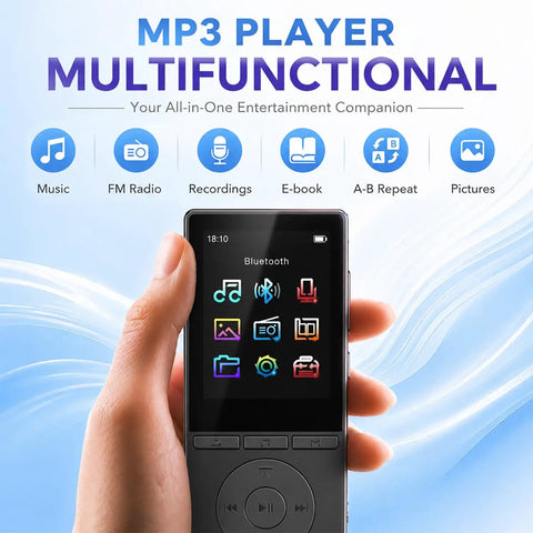 Hand holding 64GB Bluetooth MP3 Player With HiFi Sound For Runners And Fitness Fans, 2.4 Inch Screen, Built In Speaker shown