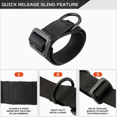 Heavy Duty Adjustable Rifle Sling 1.25 Inch Nylon Strap With D Ring Loop For Hunting 2 Pack Tactical Gun Sling Easy Quick Setup No Tools Required For Fast Deploy, featuring quick release sling with D-ring and triglides for adjustment.