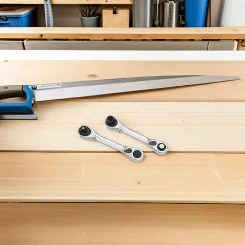 Heavy Duty Mini Ratchet Wrench 2 Pc Double Ended Socket Set Featuring A Smooth 72 Tooth Quick Release Drive on wooden worktable.