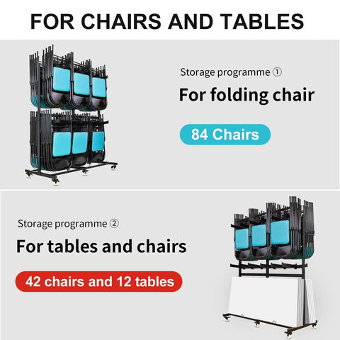 Heavy Duty Folding Chair Dolly Cart for Stacking 84 Chairs, 2 Tier Storage Rack With Locking Wheels, 800lbs Capacity