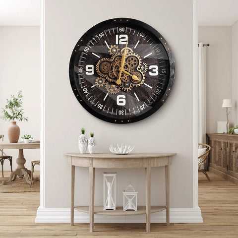 27 Inch Industrial Wall Clock Featuring Real Moving Gears For Living Room Decor on a beige wall above a wooden table.
