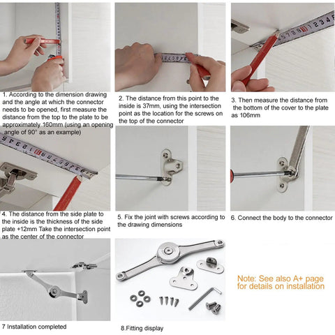 Installation steps for Two Pack Heavy Duty Crate Soft Close Hinges With Lid Support, showing measurement and mounting process.