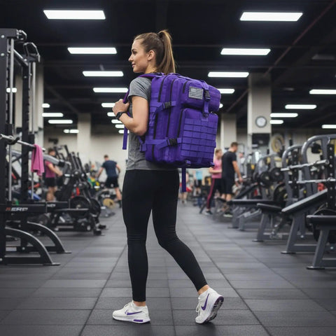 Woman carrying 45L Military Tactical Backpack For Men And Women With Molle Daypack Bug Out Bag For Hiking And Trekking 180 Degree Open Unisex Rucksack 17 Inch Laptop Sleeve Ideal For Travel And Outdoor Adventures in gym