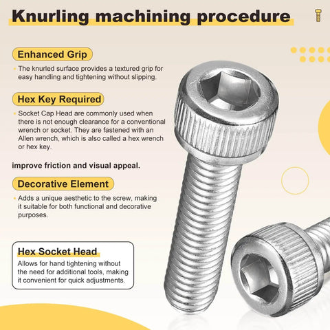 Knurling machining procedure with stainless steel socket head cap screws, internal hex drive, and enhanced grip features.