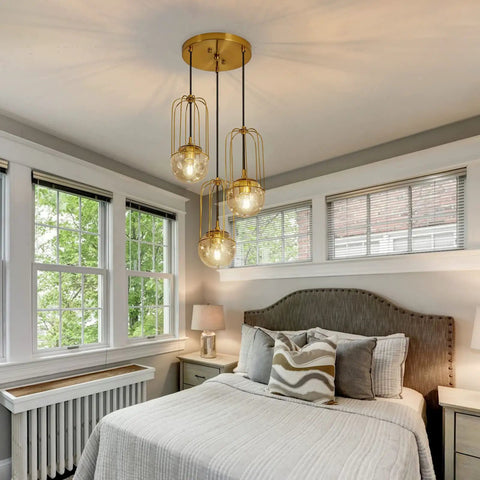 Three Light Mid Century Modern Pendant Light Fixture With Gold Finish Glass Globe And Adjustable Cage Hanging Chandelier for Bedroom