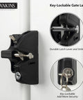 Heavy Duty Key Lockable Double Sided Gate Latch For Outdoor Fences secured on a white gate showing durable lever and keyhole.