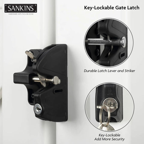 Heavy Duty Key Lockable Double Sided Gate Latch For Outdoor Fences secured on a white gate showing durable lever and keyhole.
