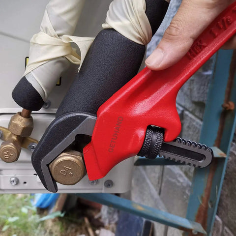 Nine And A Half Inch Hex Offset Wrench With One Eighth To Two And Five Eighths Inches Capacity in use on valve nut.