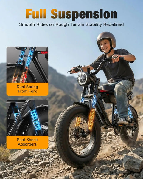 Rider enjoying Beast 1200W Fat Tire Electric Mountain Bike on rocky terrain, highlighting full suspension and dual spring front fork.