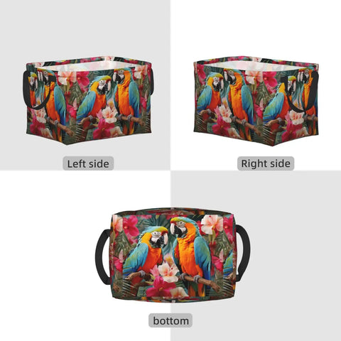Gigantic 15 Inch Fabric Storage Basket With Strong Handles, Monster 24 Liter Closet Organizer Basket, Solid Polyester Sorting Bin view from left, colorful parrot design.