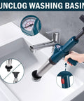 Heavy Duty High Pressure Air Plunger Kit Total Game Changer For Blocked Drains used to unclog a washing basin with metal handle.