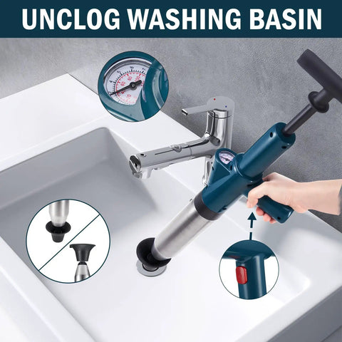 Heavy Duty High Pressure Air Plunger Kit Total Game Changer For Blocked Drains used to unclog a washing basin with metal handle.