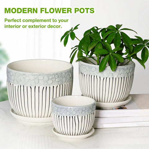 Dope Three Piece Ceramic Plant Pots Set With Drainage Holes And Saucers For Indoor And Outdoor Vibes, with plants