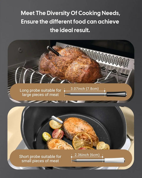 Wireless Meat Thermometer With Dual Probes For Grilling And Smoking Bluetooth 5.4 And WiFi 5G Connection in use with roast and fish.