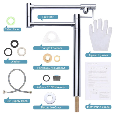Deck Mounted Pot Filler Faucet With Solid Brass, Double Joint Swing Arm, Polished Chrome Finish, installation kit