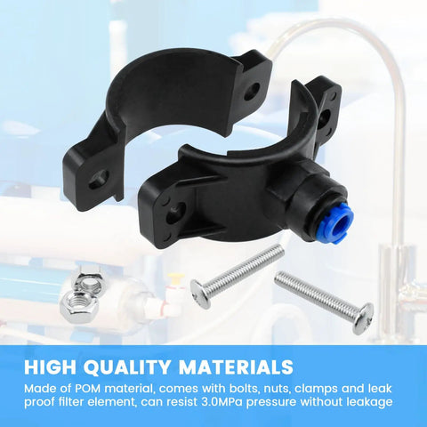 One Pack Drain Saddle Valve With One Quarter Inch Quick Connect For Plastic Water Filter Valve Clamp And Reverse Osmosis Systems, Leak Proof Clamp displayed with screws and nuts