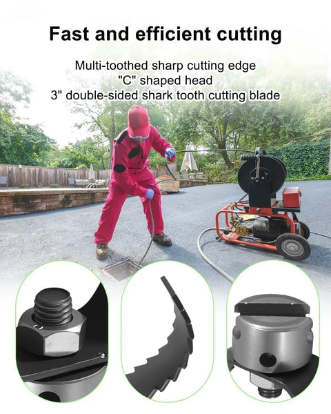 Knock Out Stubborn Pipe Clogs Fast With This Heavy Duty Three Inch Sharktooth Root Cutter Blade Fits K-60-SE Drain Cleaners Replaces 98055 T-150 7/8 Cable Rock Solid in use with cutting edge visible.