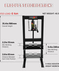 Beefy 6 Ton Hydraulic Shop Press With H-Frame And Adjustable Height, Stamping Plates To Bend And Straighten Parts, Perfect For Installing Bearings And U Joints On Auto Projects, Garage Floor Ready product specifications illustration.