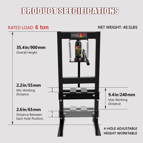 Beefy 6 Ton Hydraulic Shop Press With H-Frame And Adjustable Height, Stamping Plates To Bend And Straighten Parts, Perfect For Installing Bearings And U Joints On Auto Projects, Garage Floor Ready product specifications illustration.