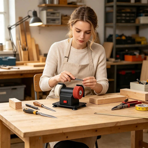 Slick Compact Mini Bench Grinder Featuring Dual Twin Wheels For Rapid Tool Sharpening Heavy Duty Coarse Grinding And Smooth Shop Finishing Built Tough For Small Space Fixes And Daily Garage Hustle in use at a workshop.