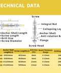 Technical diagram of Heavy Duty Hollow Wall Anchor Set With Zinc Plated Steel Bolts For Drywall Hollow Drive Anchors 5 Size 52 Piece Assortment Kit Corrosion Resistant Galvanized Hardware For Secure Installations with dimensions, parts, and holding load specifications.