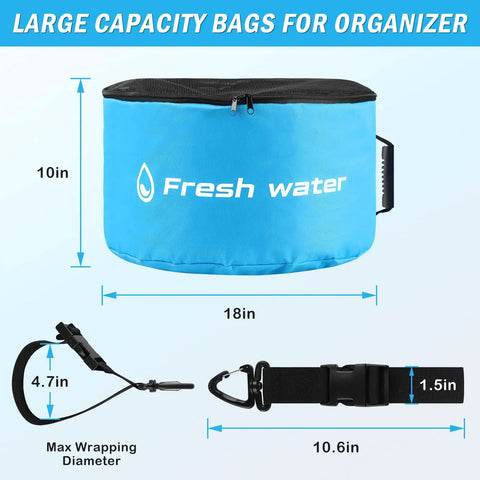 4 Pack RV Hose Storage Bags With Visible Cover And Two Way Zipper, waterproof utility organizer dimensions and straps shown
