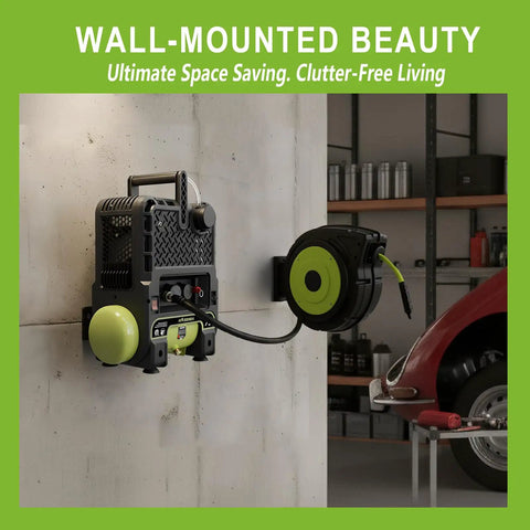 Hasienda 2 Gallon Wall Mount Air Compressor Silent Oil Free Pump 115 PSI Compact Portable Design Perfect For Garage Workspaces Nailing Woodworking And Tire Inflation With Minimalist Space Saving Build