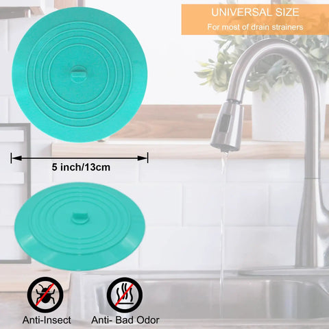 Slick Silicone Tub Stopper Two Pack, 5 Inch Flat Suction Bath Plug With Heavy Grip, turquoise drain cover shown above sink.