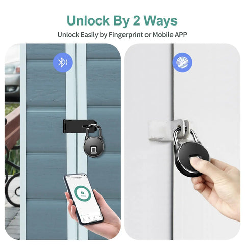 Image showing Smart Biometric Bluetooth Padlock With App Control And Fingerprint Unlock on door, demonstrating two unlock methods.