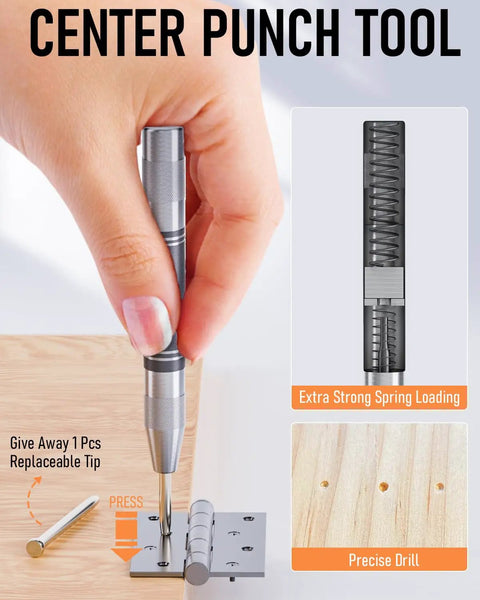 Automatic Center Punch from Workhorse Carpenter Pencil Set With Case, 11 Pack in action, showcasing precise drilling on wood.