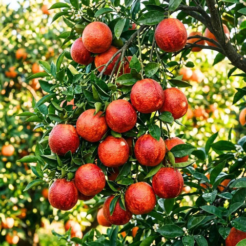 Blood Orange Tree 1-2 Feet Tall in 1 Gallon Pot, Upright Dwarf Citrus for Home Orchard, Produces Sweet Oranges, Easy Care, Rare Fruit, Container Friendly for Patio or Small Garden with ripe fruit