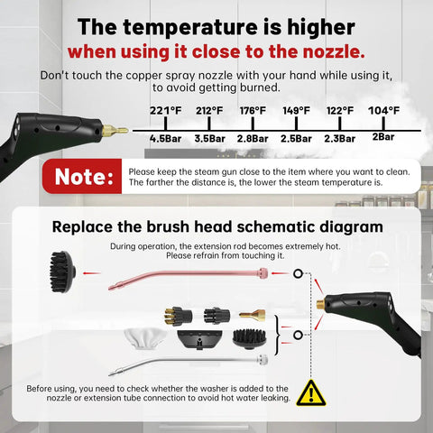 Image showing instructions for Heavy Duty Handheld Steam Cleaner Straight Up Game Changer, detailing nozzle temperature and brush head replacement.