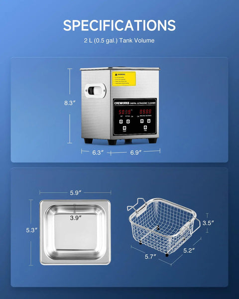Professional 2 Liter Ultrasonic Jewelry Cleaner With 40 KHZ Frequency 100 Watt Heater Digital Timer with specifications.